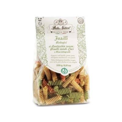 Organska bezglutenska, vegan testenina (tricolor fusili) od crvenog sočiva, graška, leblebija i integralnog pirinča 250g
